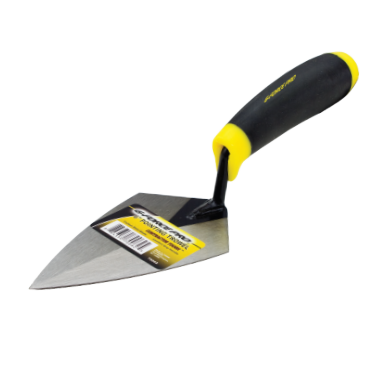 The G-FORCE 70060 5 in. Pointing Trowel features a black and yellow Ergo Grip handle and stainless steel blade. A barcode label suggests its new or on sale, standing upright for display.